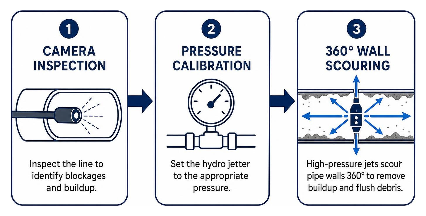 Hydro jetting process flow: camera inspection, pressure calibration, 360 degree wall scouring Hydro jetting process flow: camera inspection, pressure calibration, 360 degree wall scouring