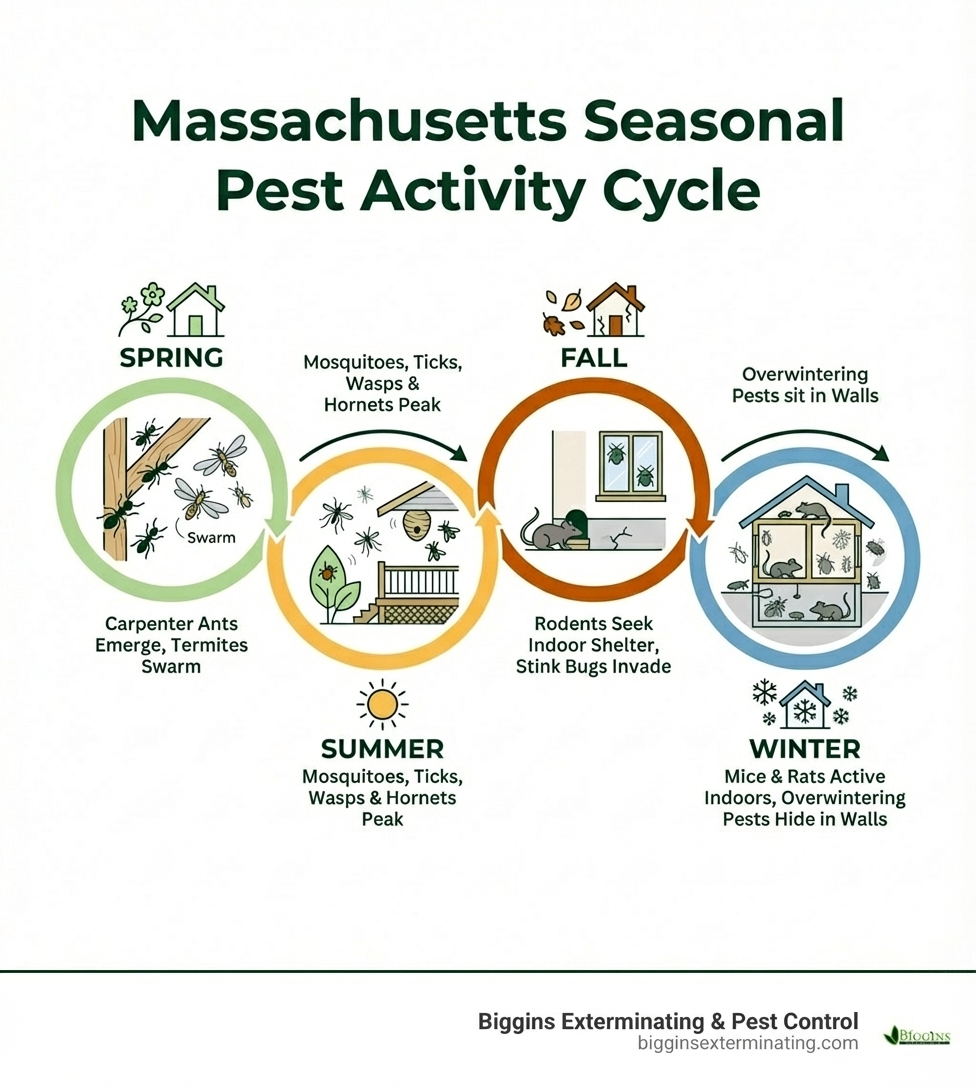Infographic showing Massachusetts seasonal pest activity: Spring - carpenter ants emerge and termites swarm; Summer - mosquitoes, ticks, wasps and hornets peak; Fall - rodents seek indoor shelter, stink bugs invade; Winter - mice and rats stay active indoors, overwintering pests hide in walls - pest control Dracut MA infographic 