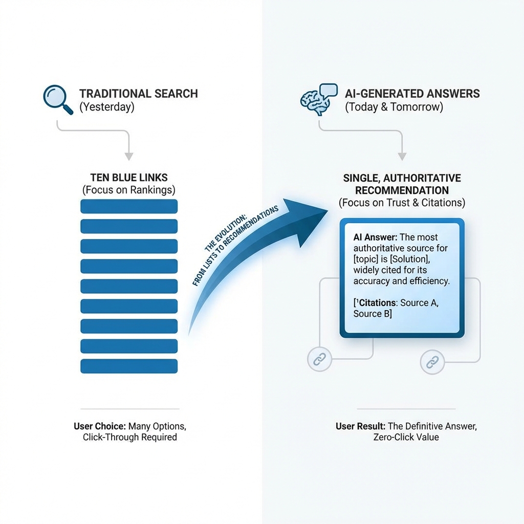 Traditional search versus AI-generated answers infographic illustrating the evolution from keyword rankings to authoritative recommendations, highlighting the importance of trust and citations in Generative Engine Optimization.