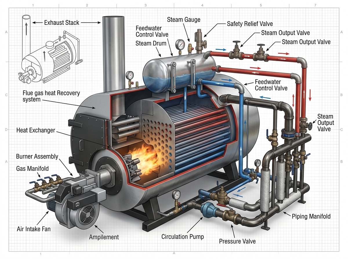 Industrial boiler components and internal piping diagram - Business boiler installation