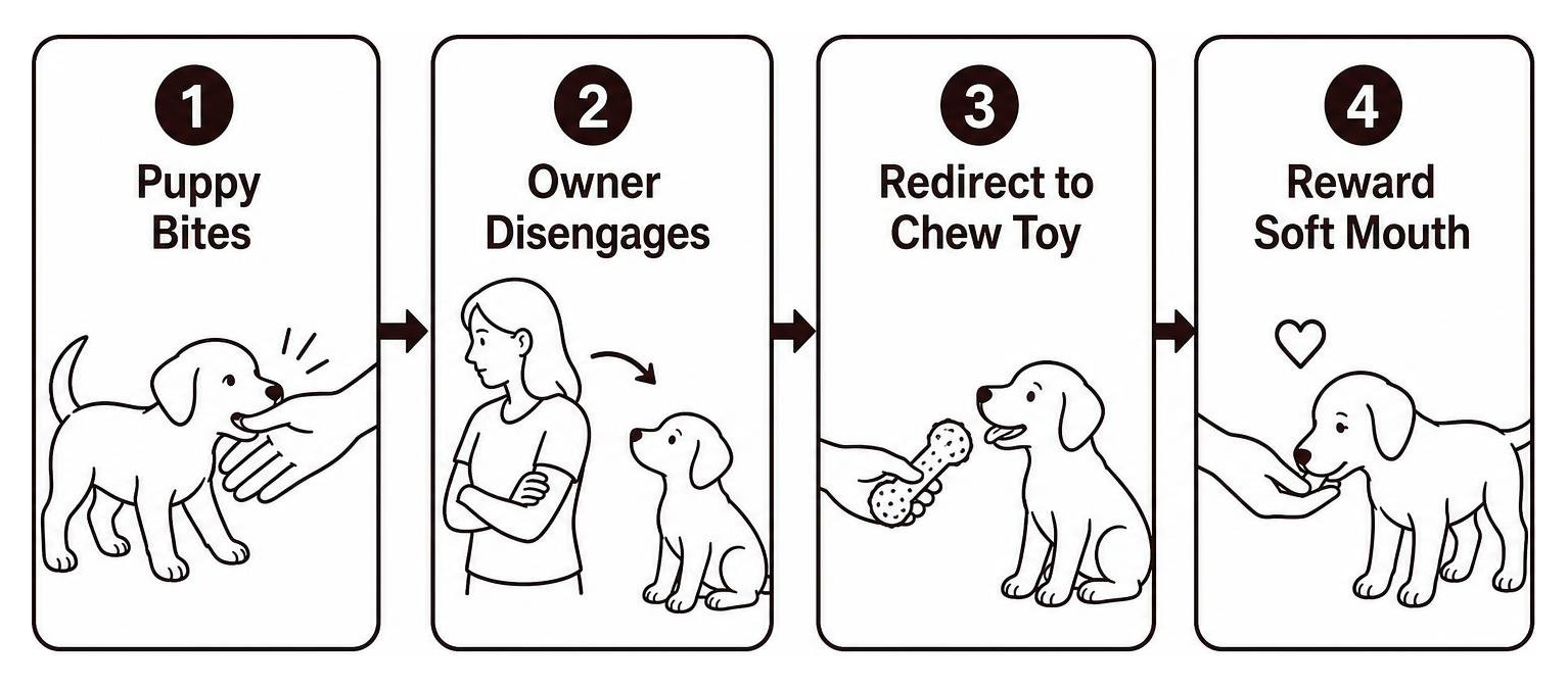 Sequence showing puppy biting, owner disengaging, redirecting to a chew toy, and rewarding soft mouth Sequence showing puppy biting, owner disengaging, redirecting to a chew toy, and rewarding soft mouth