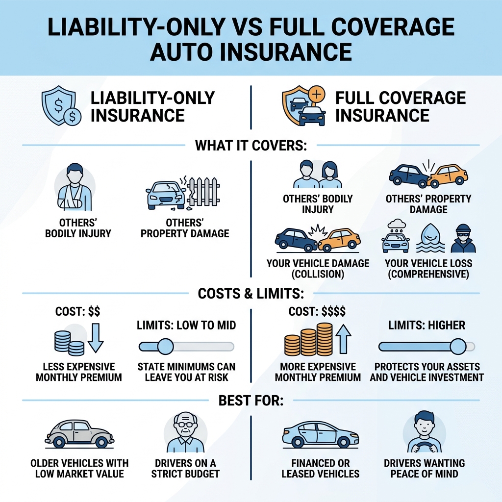 Infographic comparing liability-only vs full coverage insurance costs, limits, and what each covers - best liability auto Infographic comparing liability-only vs full coverage insurance costs, limits, and what each covers - best liability auto