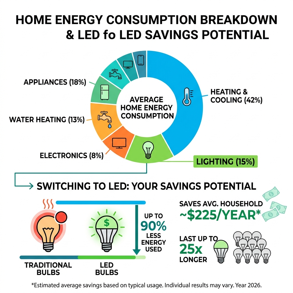 Breakdown of home energy consumption showing lighting's 15% share and LED savings potential - Save energy lighting