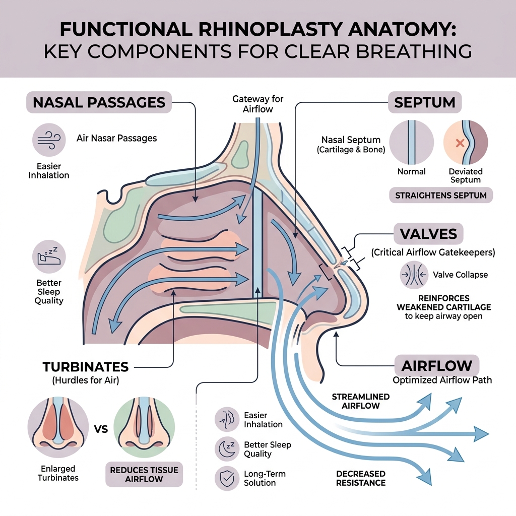 Functional rhinoplasty anatomy infographic: nasal passages, septum, valves, turbinates, and airflow - rhinoplasty for