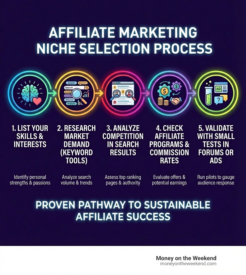 Infographic showing the 5-step niche selection process: 1) List your skills and interests, 2) Research market demand with keyword tools, 3) Analyze competition in search results, 4) Check available affiliate programs and commission rates, 5) Validate with small tests in forums or ads - affiliate marketing niche selection infographic Infographic showing the 5-step niche selection process: 1) List your skills and interests, 2) Research market demand with keyword tools, 3) Analyze competition in search results, 4) Check available affiliate programs and commission rates, 5) Validate with small tests in forums or ads - affiliate marketing niche selection infographic
