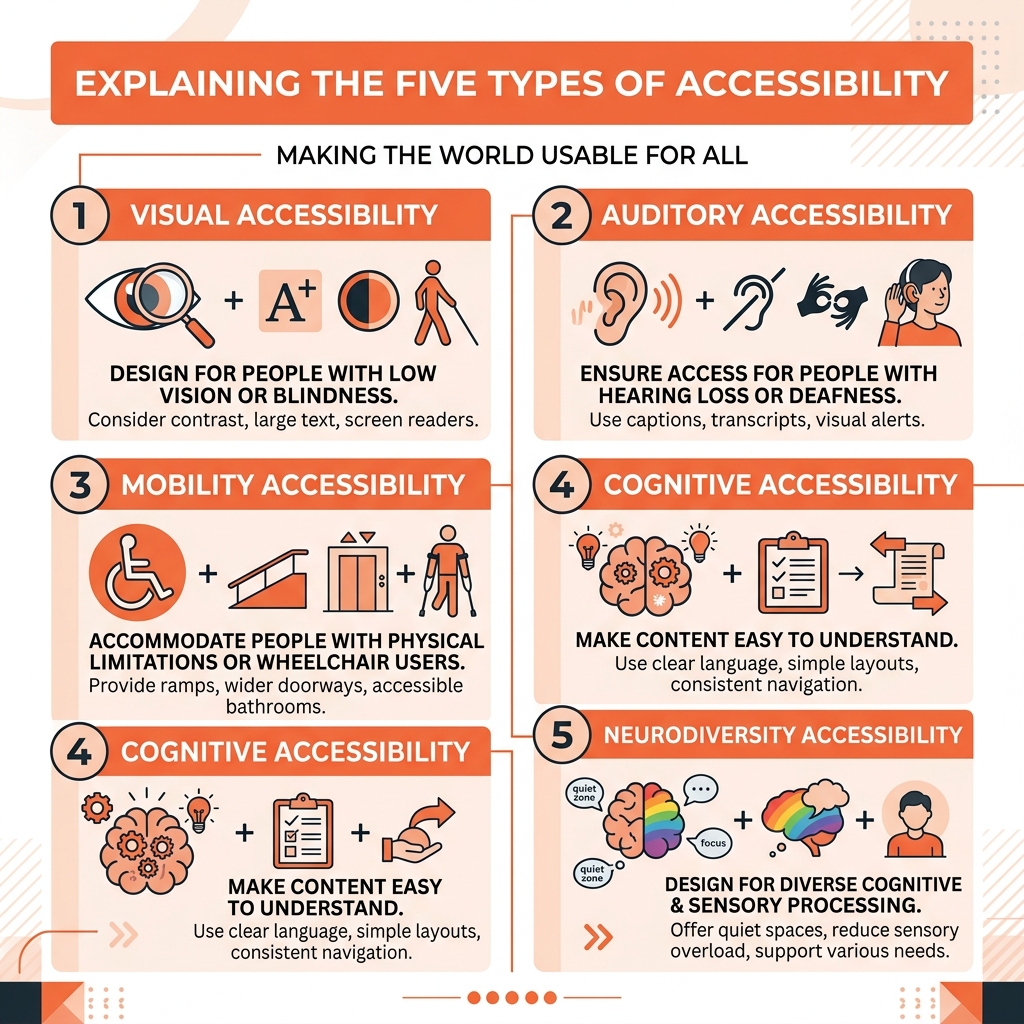 Infographic explaining the five types of accessibility - ada hotel room meaning infographic Infographic explaining the five types of accessibility - ada hotel room meaning infographic