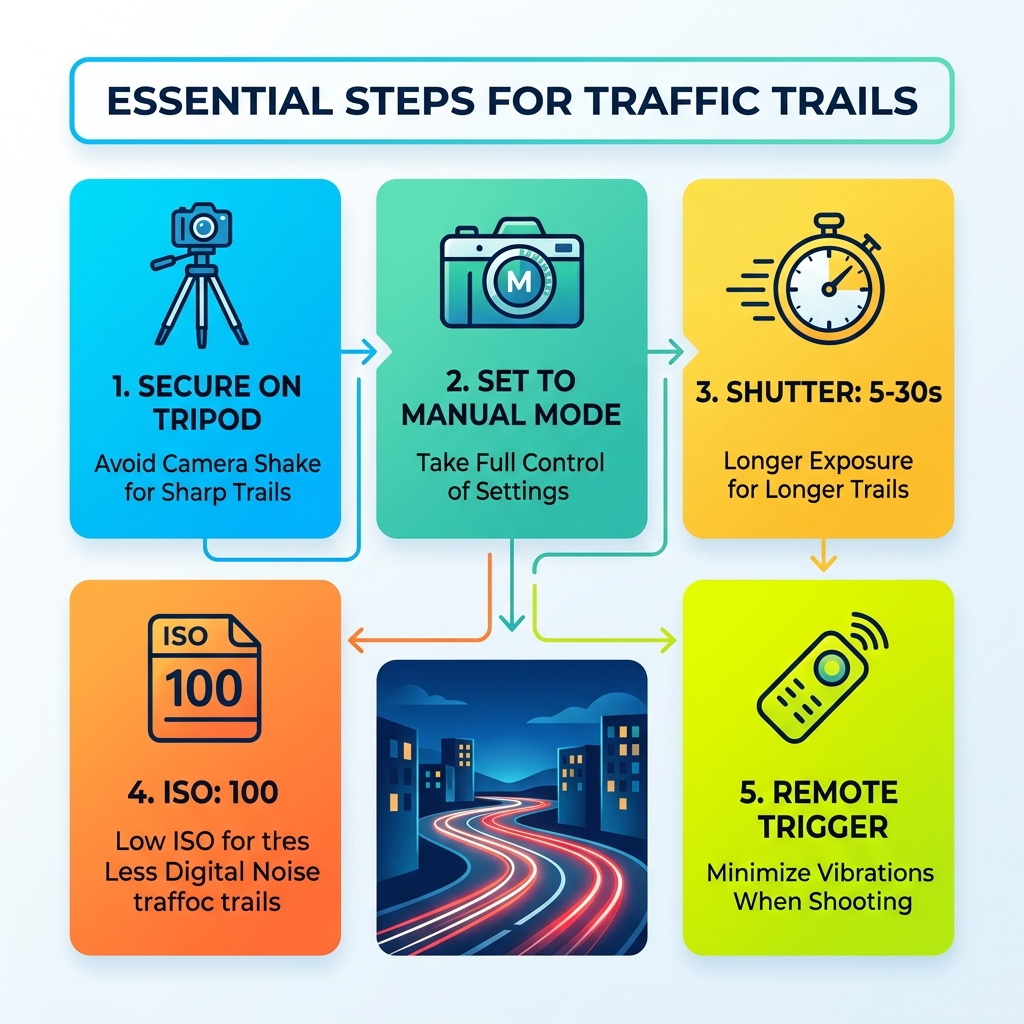 Infographic showing long exposure traffic trail steps: tripod, manual mode, 5-30s shutter, ISO 100, remote trigger - long Infographic showing long exposure traffic trail steps: tripod, manual mode, 5-30s shutter, ISO 100, remote trigger - long