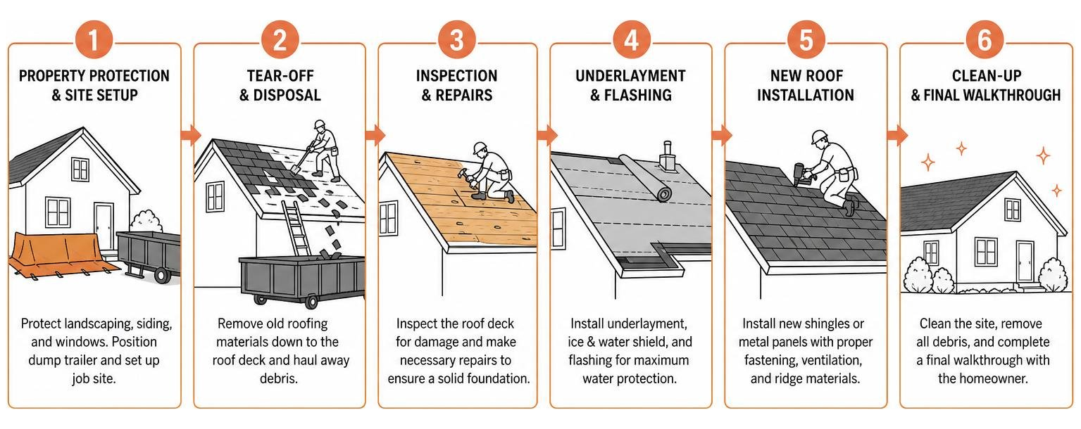 Step-by-step roof replacement process from tear-off to final walkthrough