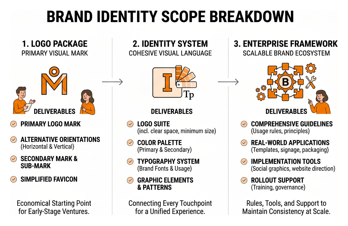 Brand identity scope breakdown showing logo, identity system, and enterprise framework Brand identity scope breakdown showing logo, identity system, and enterprise framework