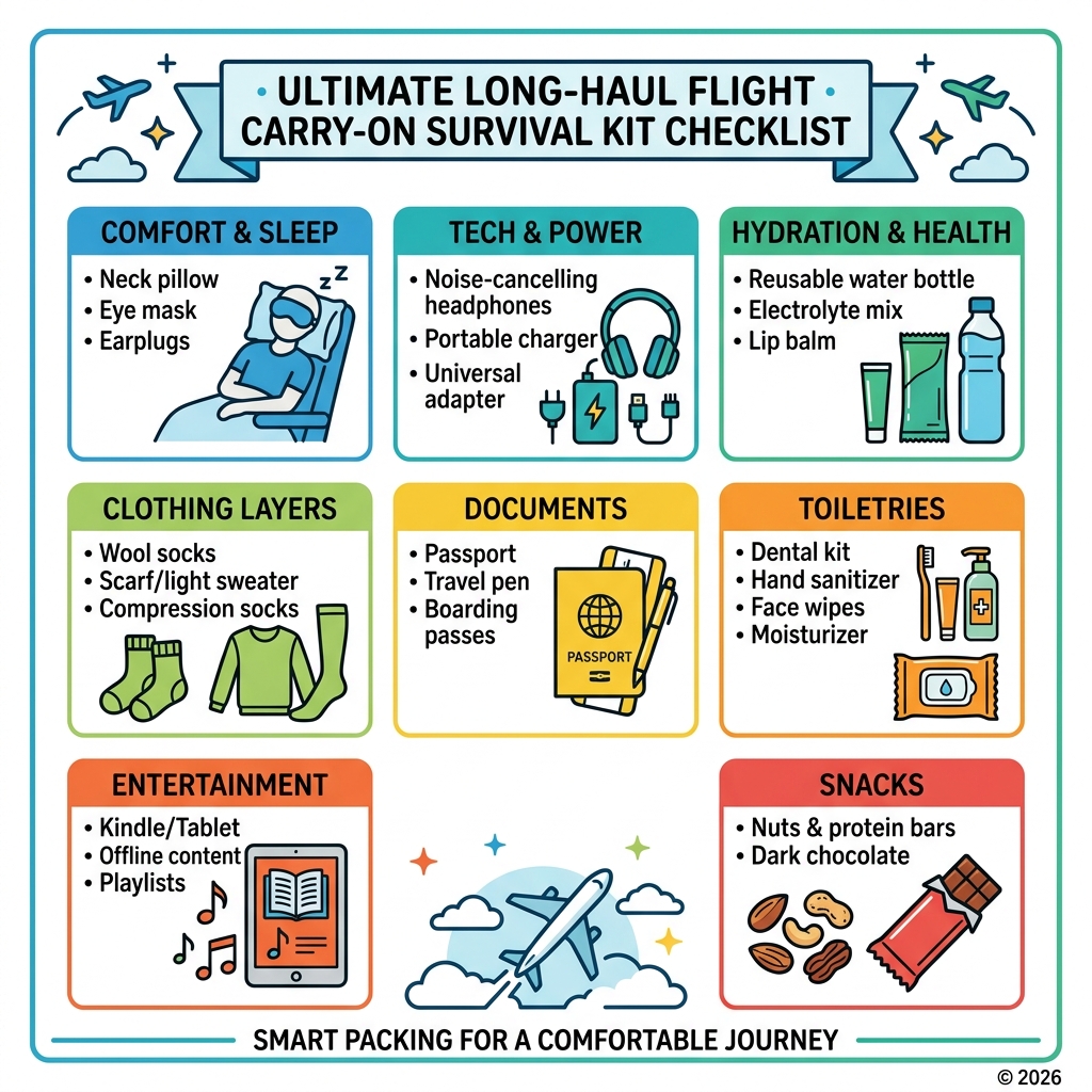 Ultimate long-haul flight carry-on survival kit checklist with categories - long flight carry on essentials infographic 