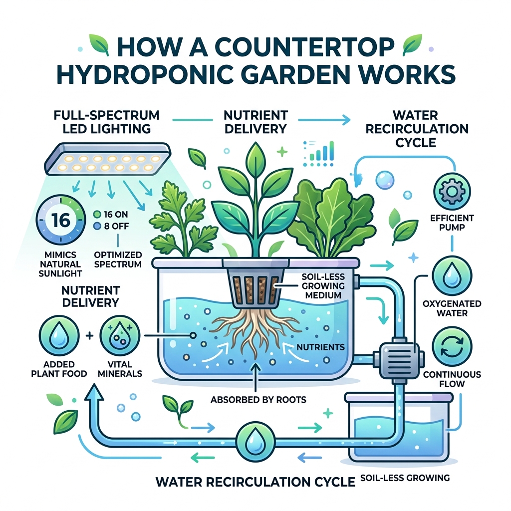 How a countertop hydroponic garden works: nutrient delivery, LED lighting, water recirculation cycle - countertop hydroponic How a countertop hydroponic garden works: nutrient delivery, LED lighting, water recirculation cycle - countertop hydroponic