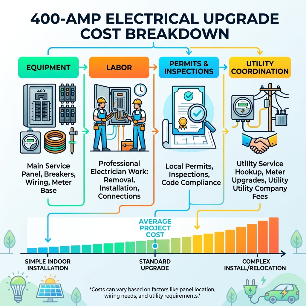 Infographic showing 400-amp upgrade cost breakdown: equipment, labor, permits, and utility coordination - cost to upgrade