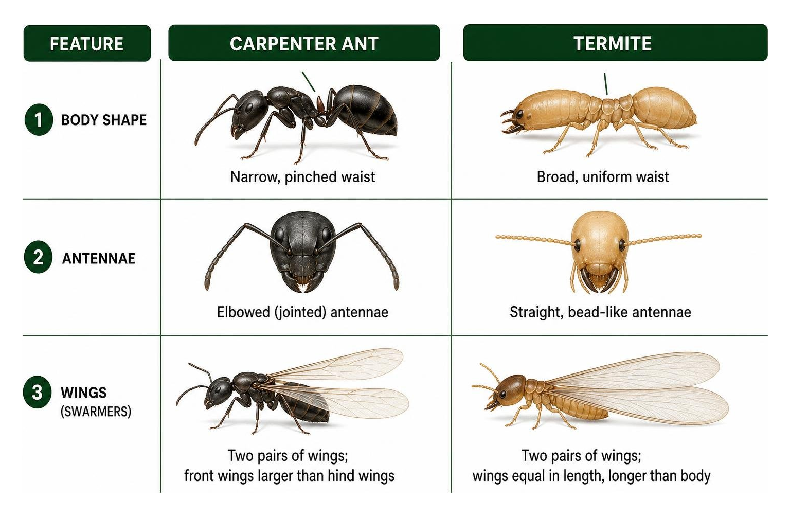 Diagram comparing carpenter ant physical features to termite physical features