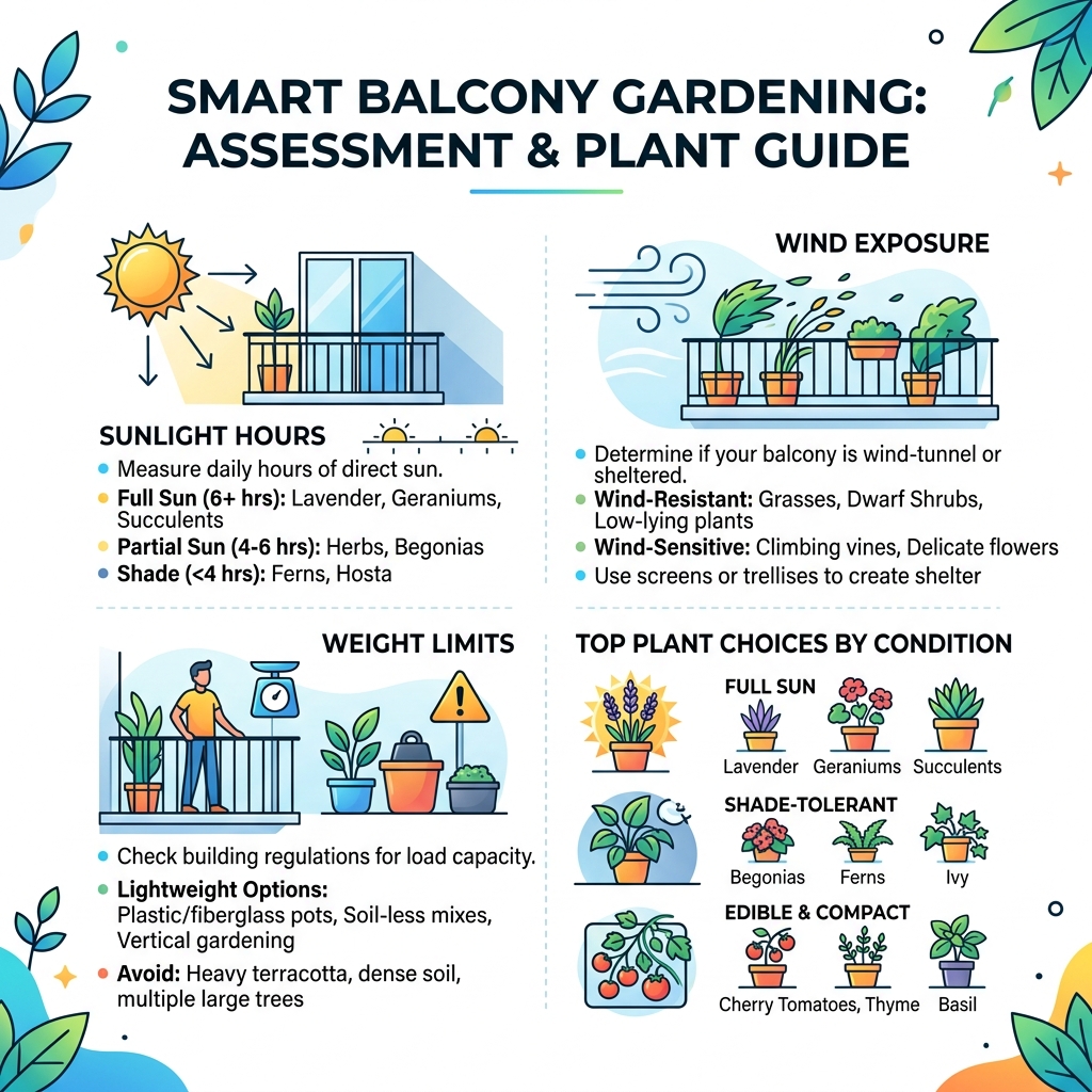 Infographic showing balcony assessment factors: sunlight hours, wind exposure, weight limits, and top plant choices by Infographic showing balcony assessment factors: sunlight hours, wind exposure, weight limits, and top plant choices by