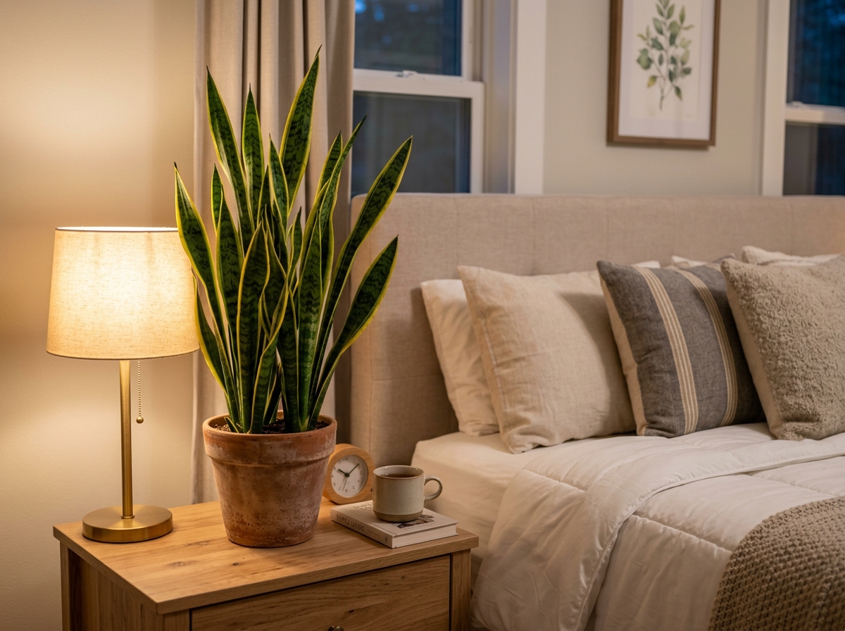 Snake Plant Laurentii in a cozy bedroom setting - snake plant Snake Plant Laurentii in a cozy bedroom setting - snake plant