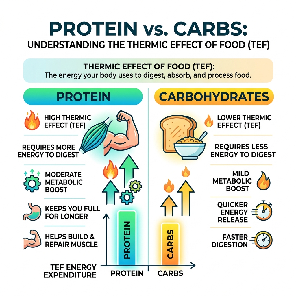 Infographic explaining the thermic effect of protein vs. carbohydrates - fast high protein breakfast ideas infographic 