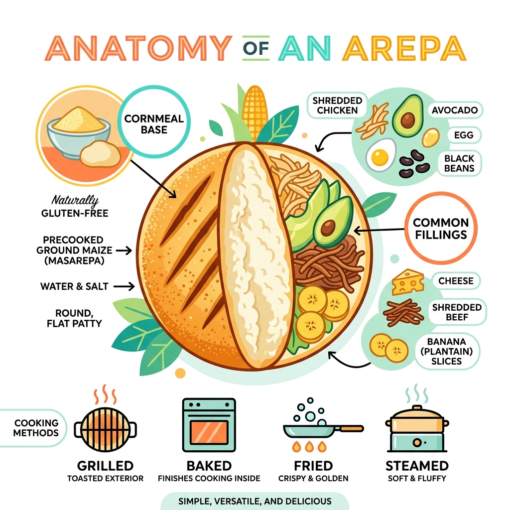 Anatomy of an arepa showing cross-section, cornmeal base, common fillings, and cooking methods - arepa infographic Anatomy of an arepa showing cross-section, cornmeal base, common fillings, and cooking methods - arepa infographic