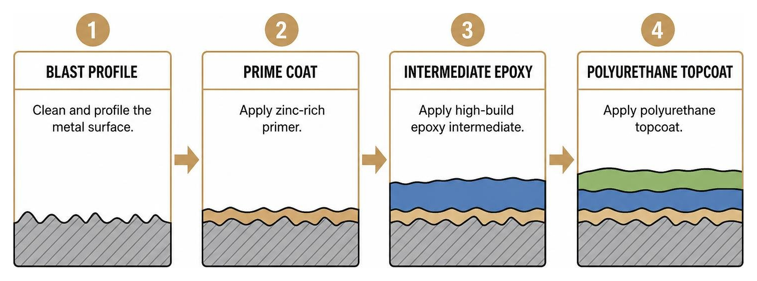 Step-by-step surface coating application process: blast profile, prime coat, intermediate epoxy, polyurethane topcoat Step-by-step surface coating application process: blast profile, prime coat, intermediate epoxy, polyurethane topcoat