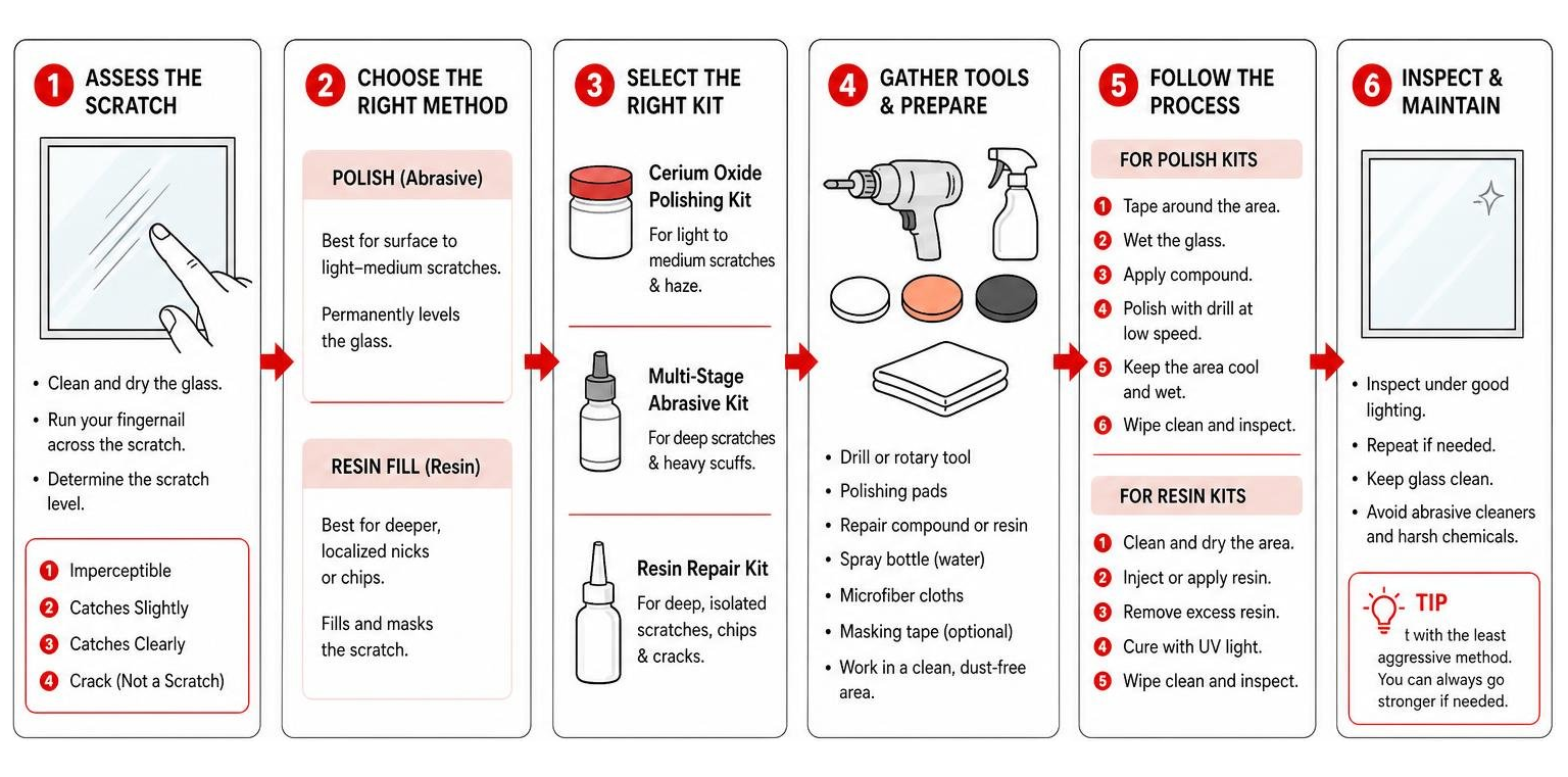 Process of selecting and using a glass scratch repair kit