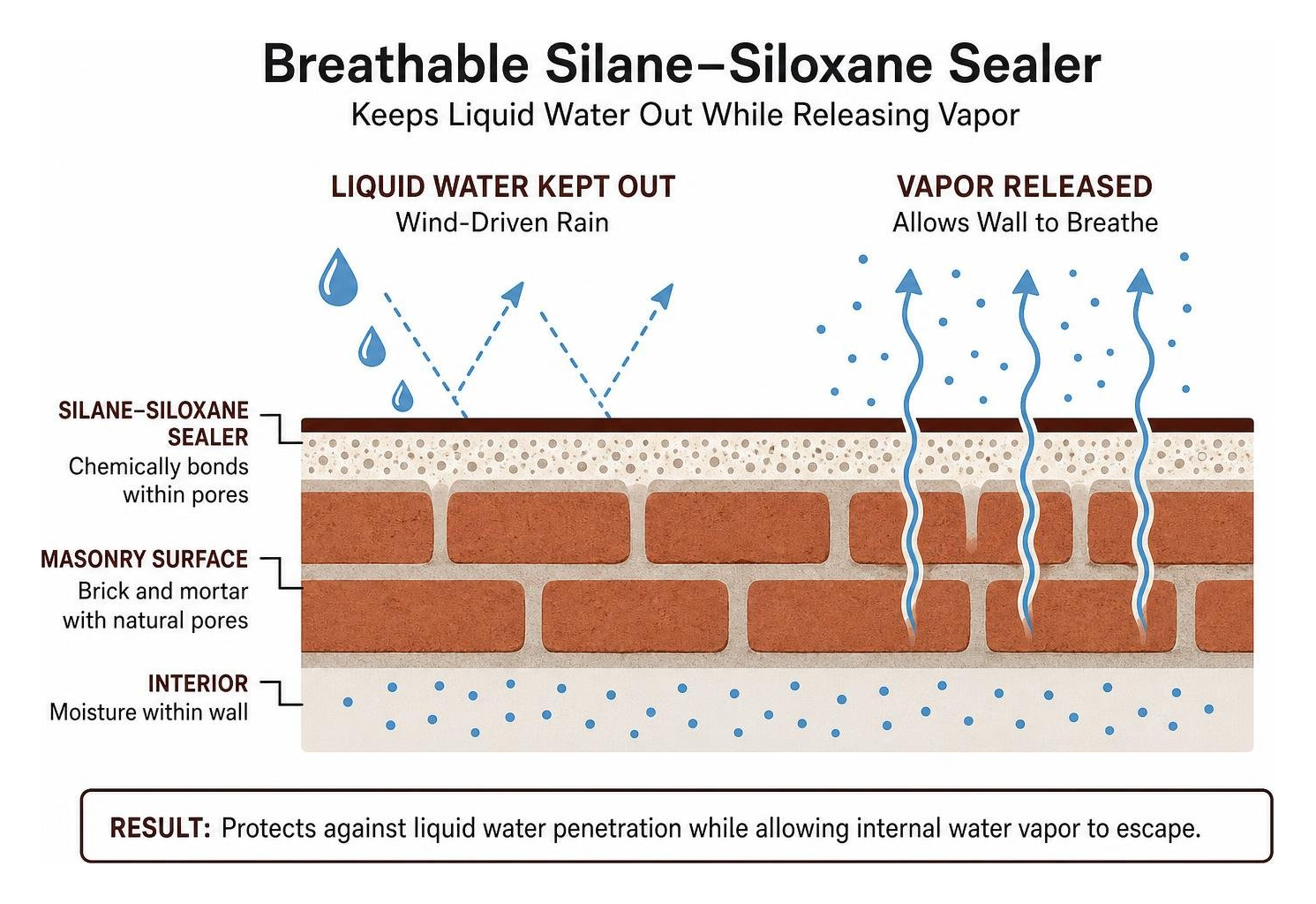 Diagram of breathable silane-siloxane sealer keeping liquid water out while releasing vapor Diagram of breathable silane-siloxane sealer keeping liquid water out while releasing vapor