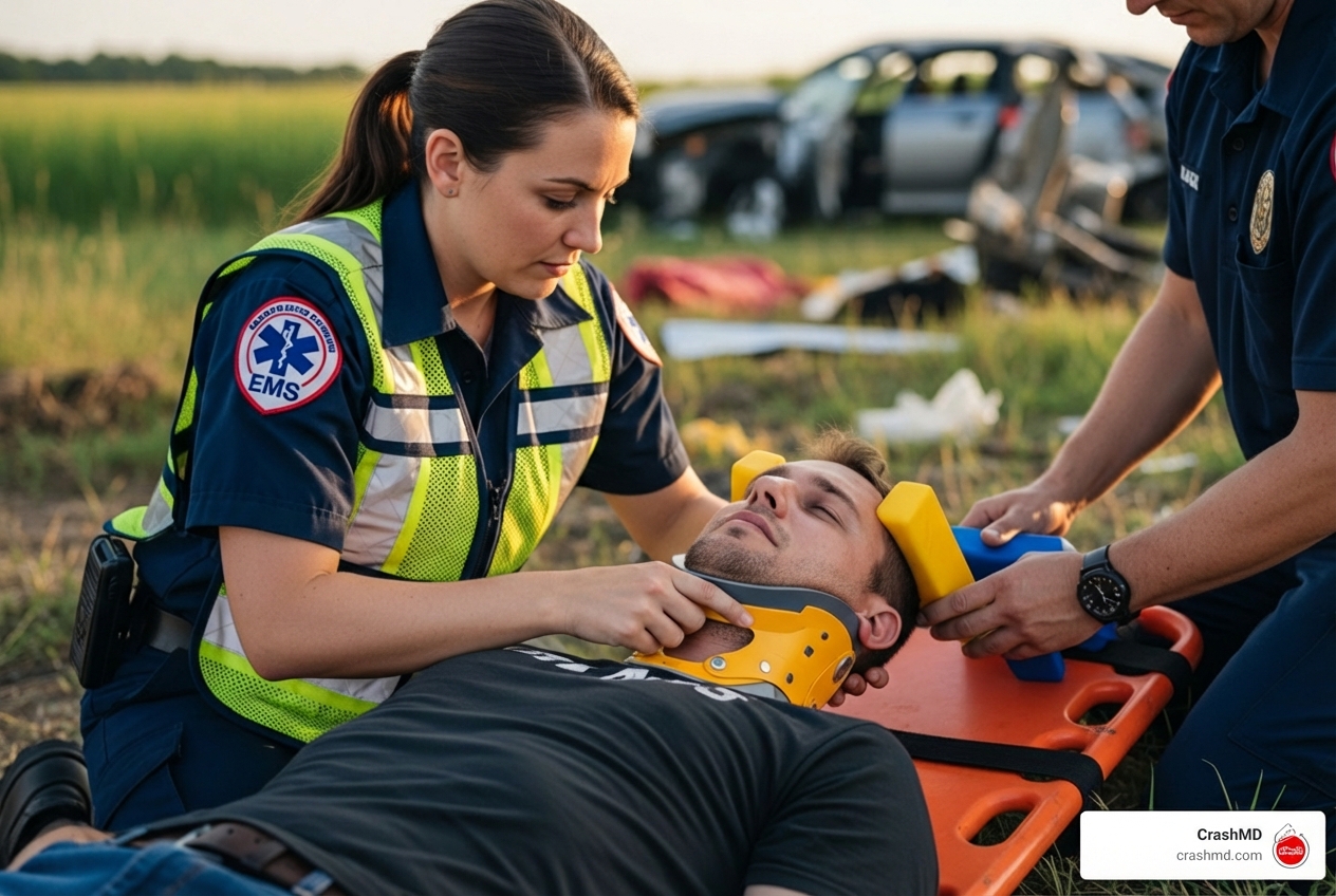 emergency responder immobilizing a patient's neck - spinal injury symptoms