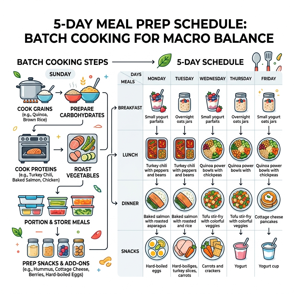 Infographic of 5-day meal prep schedule showing batch cooking steps - macronutrient balanced meal ideas infographic Infographic of 5-day meal prep schedule showing batch cooking steps - macronutrient balanced meal ideas infographic