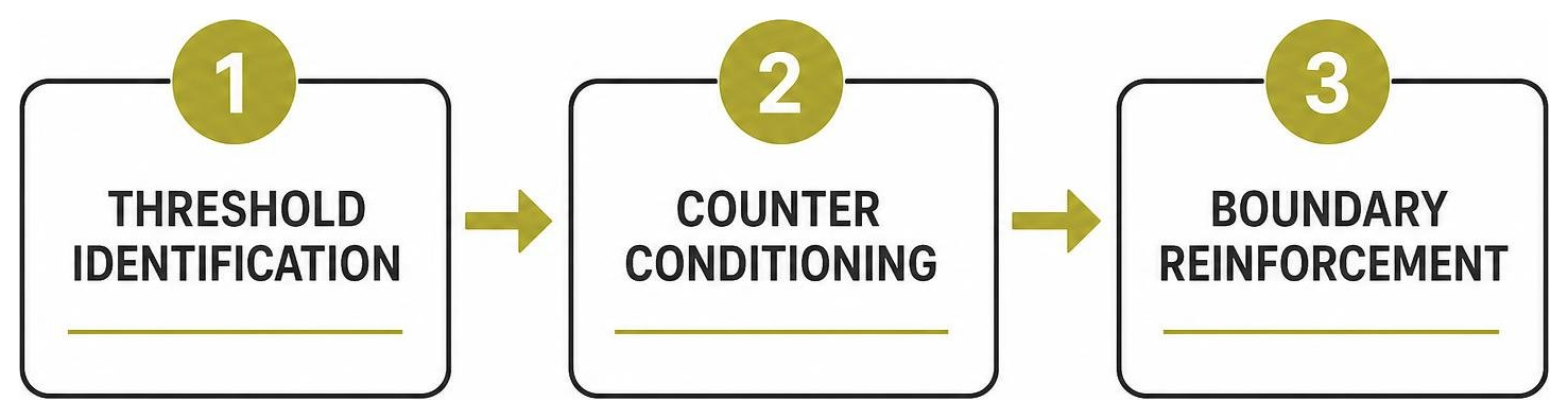 Rehabilitation sequence: threshold identification, counter conditioning, boundary reinforcement