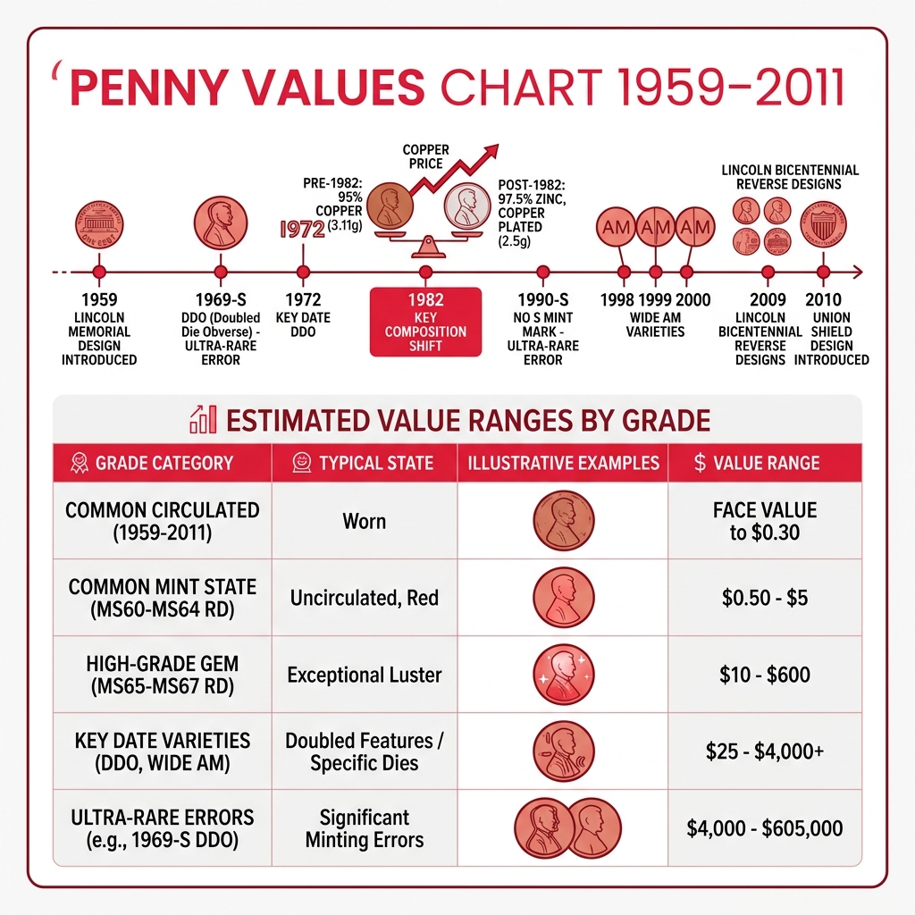 Penny values chart 1959 to 2011 infographic showing key dates, composition change in 1982, and value ranges by grade - penny