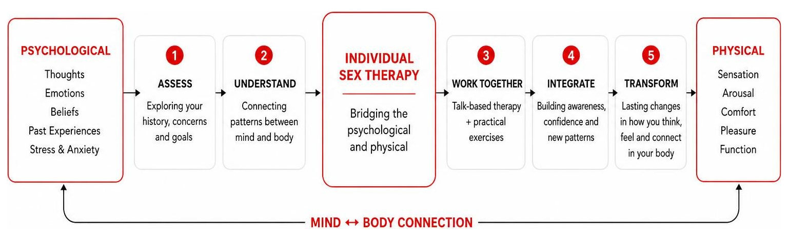 Process diagram showing how individual sex therapy bridges the psychological and physical