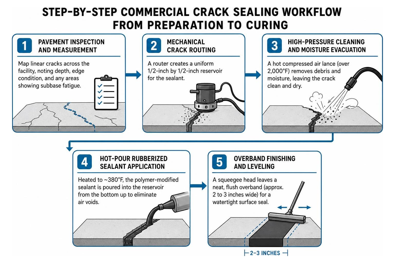 Step-by-step commercial crack sealing workflow from preparation to curing Step-by-step commercial crack sealing workflow from preparation to curing