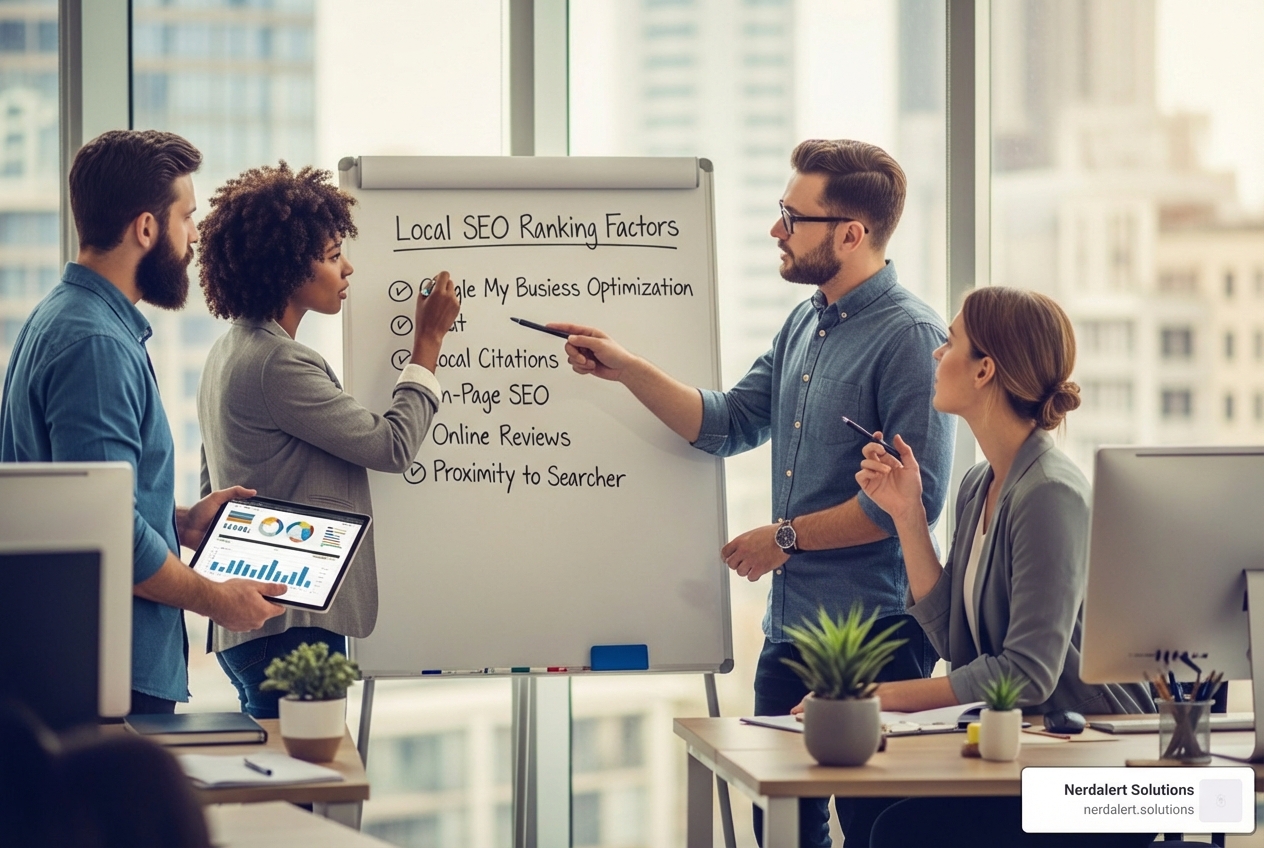 of a digital marketing team collaborating around a whiteboard showing local ranking factors - seo company near me