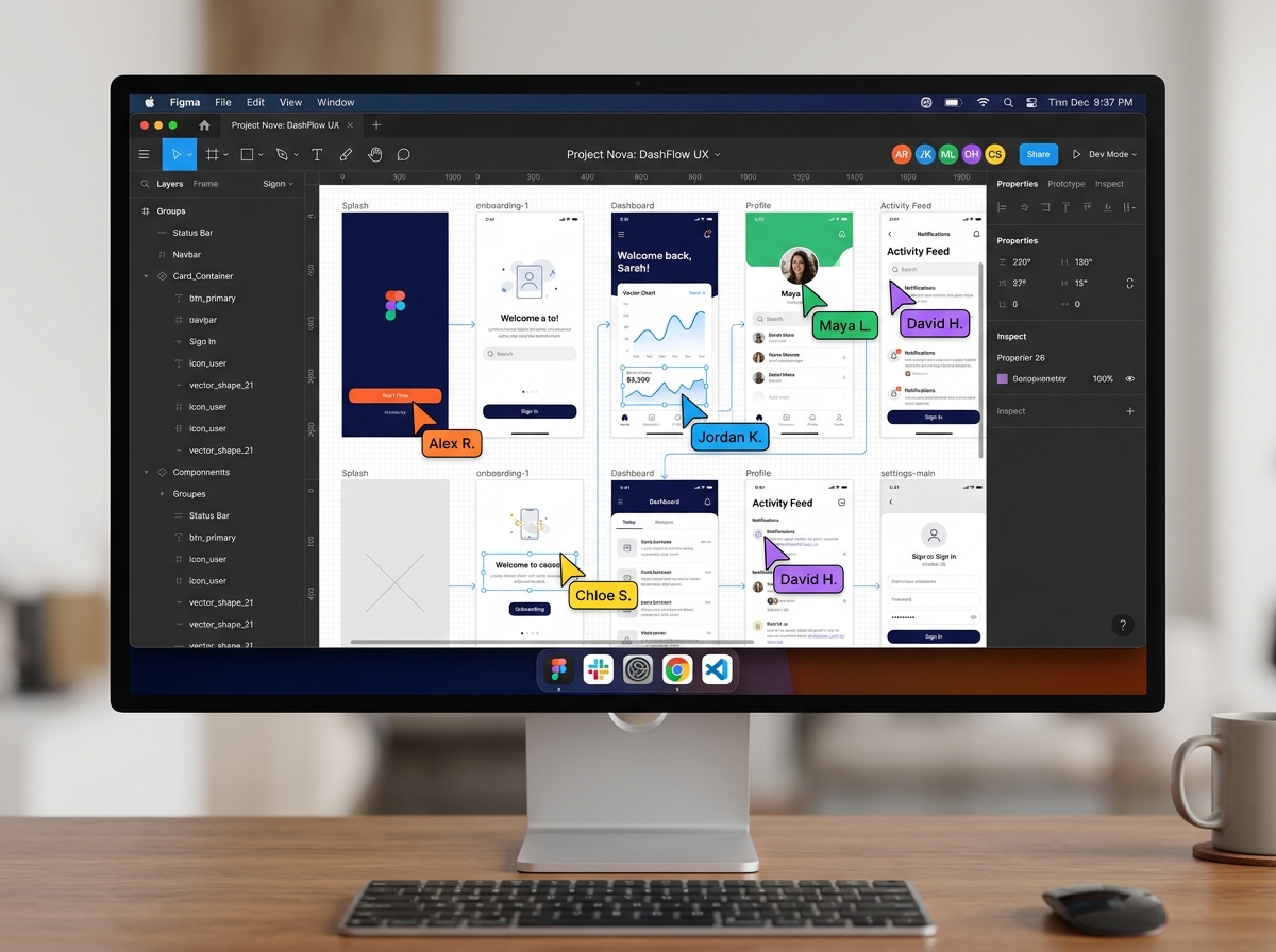 Screenshot of a collaborative Figma workspace with multiple user cursors - ui and ux design