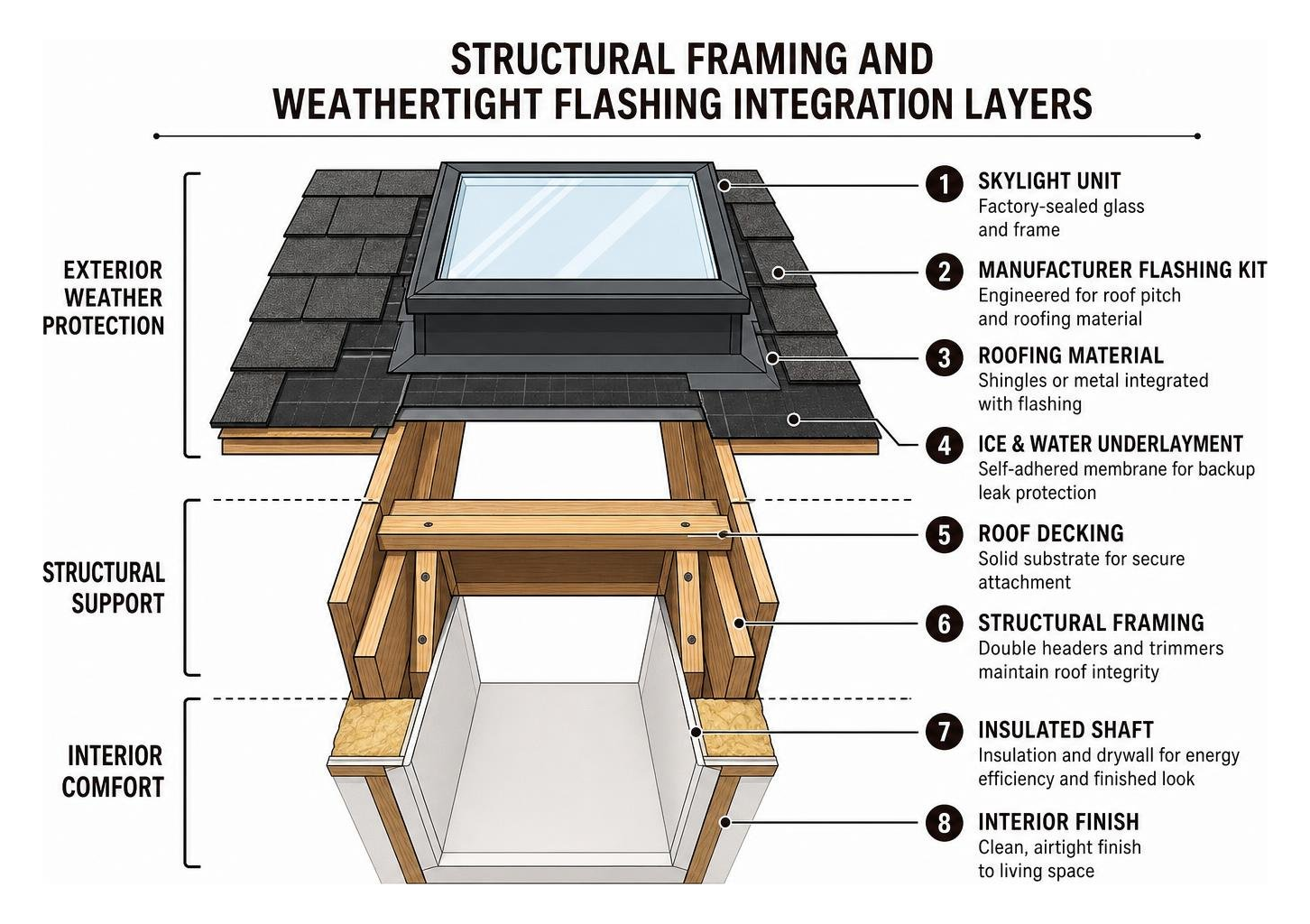 Structural framing and weathertight flashing integration layers Structural framing and weathertight flashing integration layers