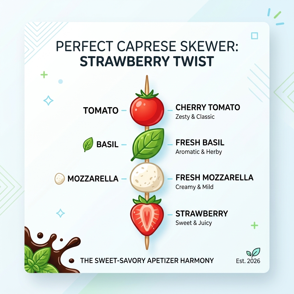 Infographic showing the perfect caprese skewer layering order: tomato, basil, mozzarella, strawberry - mozzarella caprese Infographic showing the perfect caprese skewer layering order: tomato, basil, mozzarella, strawberry - mozzarella caprese