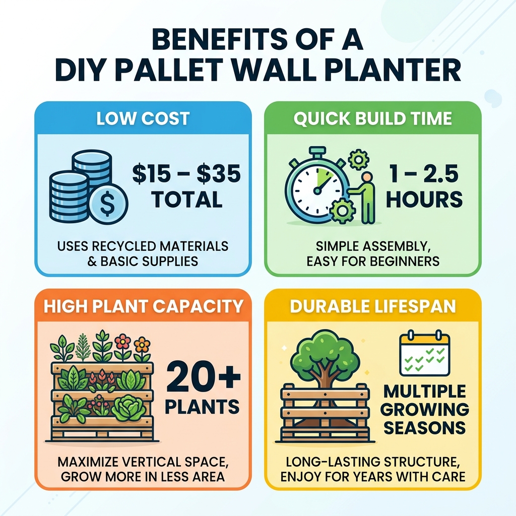 Benefits of a DIY pallet wall planter infographic showing cost, time, plant capacity, and lifespan - diy pallet wall planter Benefits of a DIY pallet wall planter infographic showing cost, time, plant capacity, and lifespan - diy pallet wall planter