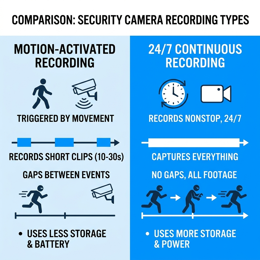 Infographic comparing motion-activated vs 24/7 continuous recording security cameras - 24 7 home security camera infographic 