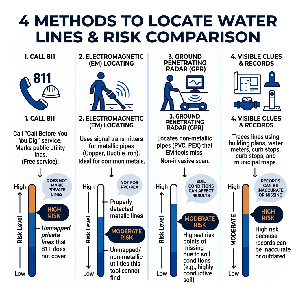 Infographic showing 4 methods to locate water lines with risk comparison for unmapped utilities - how to locate water lines Infographic showing 4 methods to locate water lines with risk comparison for unmapped utilities - how to locate water lines