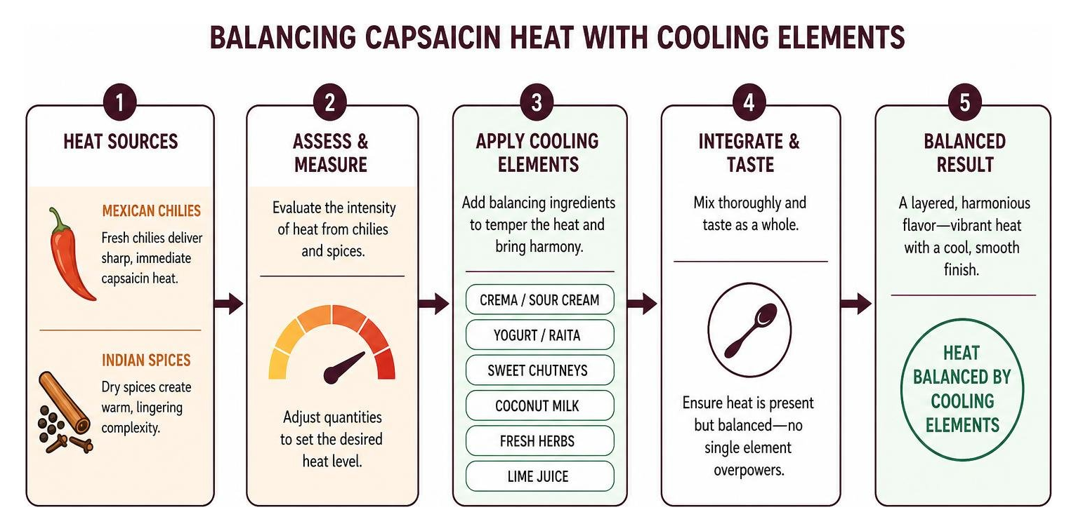 Diagram showing the process of balancing capsaicin heat with cooling elements Diagram showing the process of balancing capsaicin heat with cooling elements