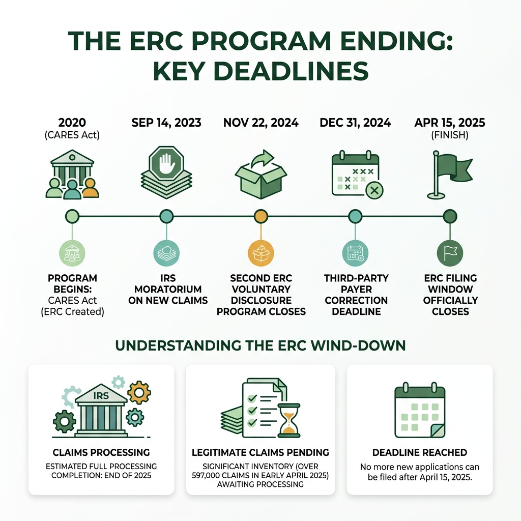 ERC timeline infographic from 2020 CARES Act to April 2025 program close with key deadlines - erc program ending infographic 