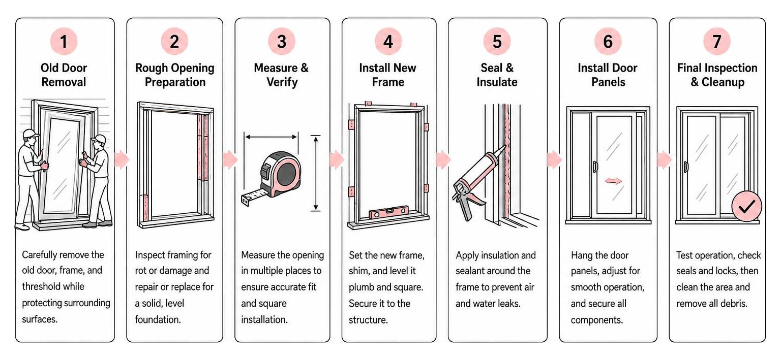 Sequence of steps for a professional patio door installation