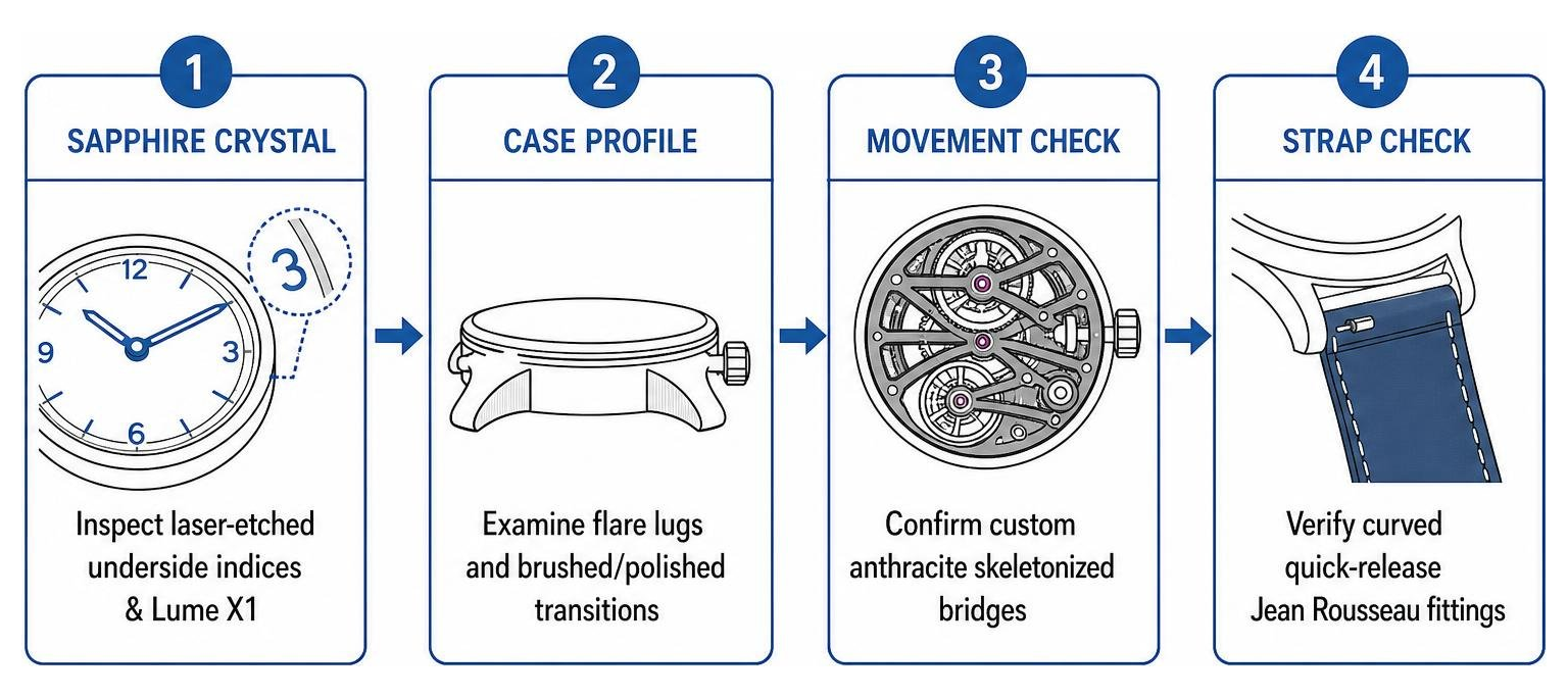 Diagram outlining the 4-step physical inspection process for authenticating MING watches Diagram outlining the 4-step physical inspection process for authenticating MING watches