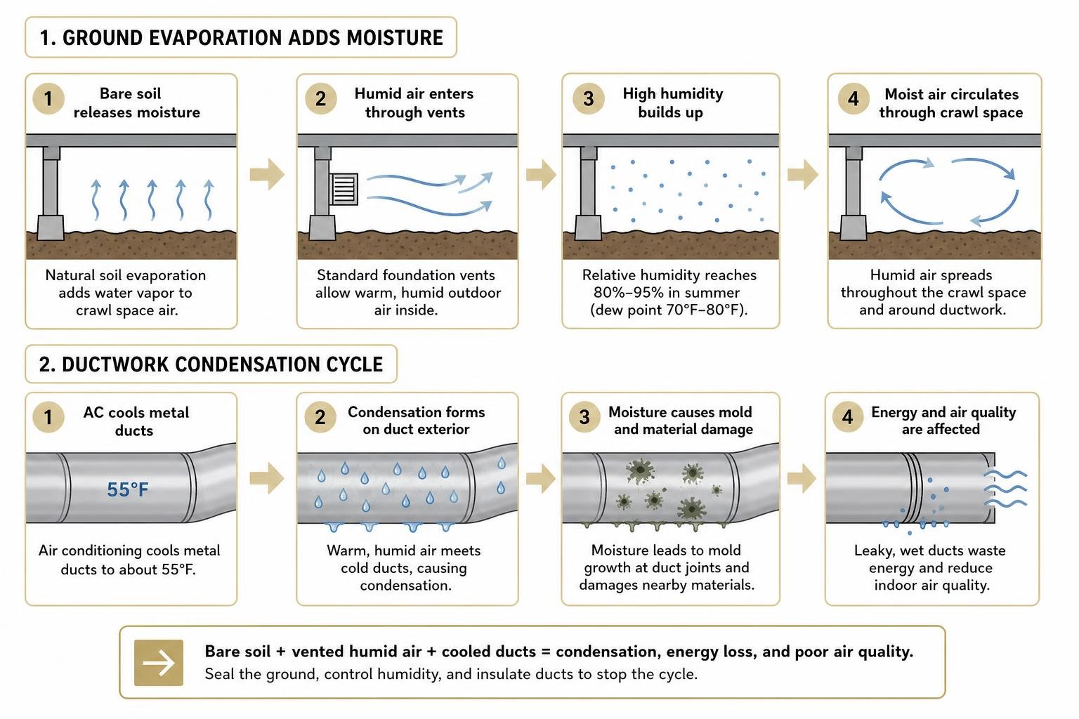 Diagram of ground evaporation and ductwork condensation process in a crawl space Diagram of ground evaporation and ductwork condensation process in a crawl space