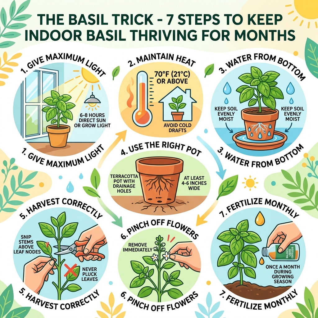 Infographic: The Basil Trick - 7 steps to keep indoor basil thriving for months - looking after basil plant indoors