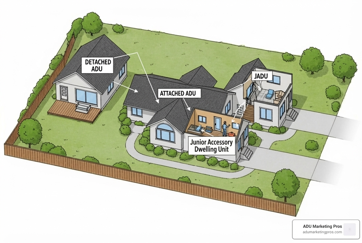 A clear, simple diagram illustrating the difference between a detached ADU, an attached ADU, and a JADU on a residential lot - adu design san diego A clear, simple diagram illustrating the difference between a detached ADU, an attached ADU, and a JADU on a residential lot - adu design san diego