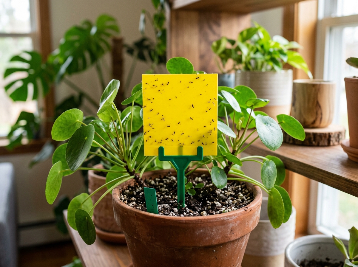 yellow sticky traps placed in a houseplant pot - get rid fungus gnats