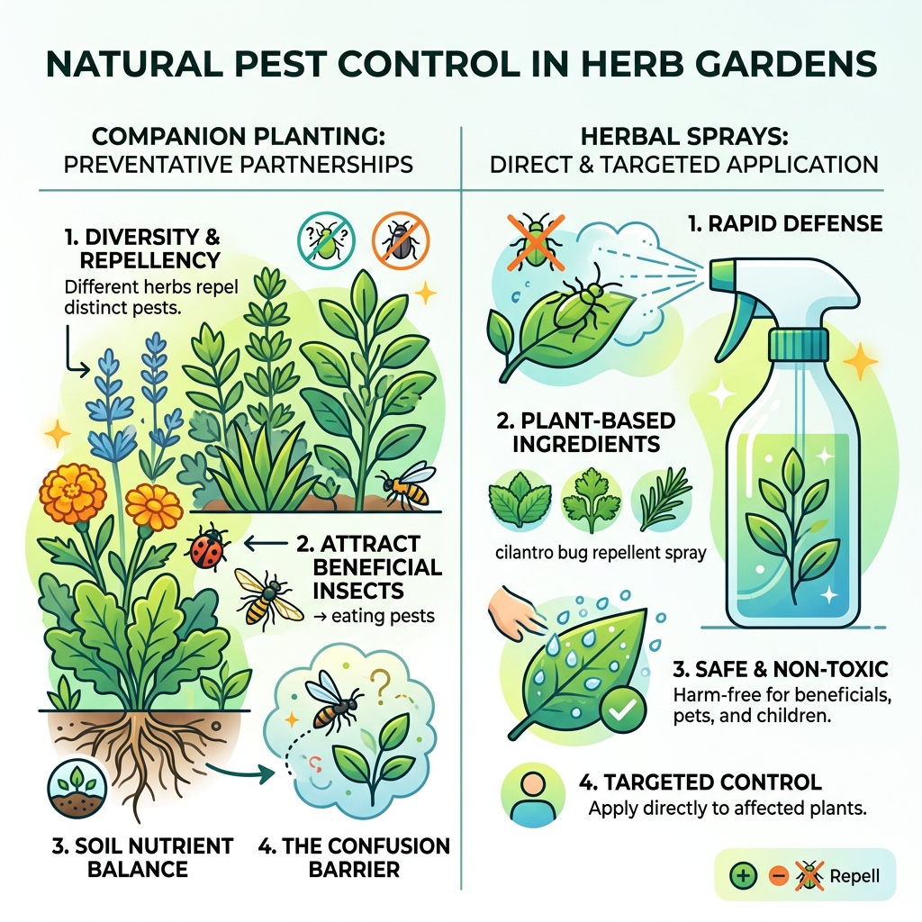 Infographic comparing companion planting vs herbal sprays for pest control in herb gardens - cilantro bug repellent spray