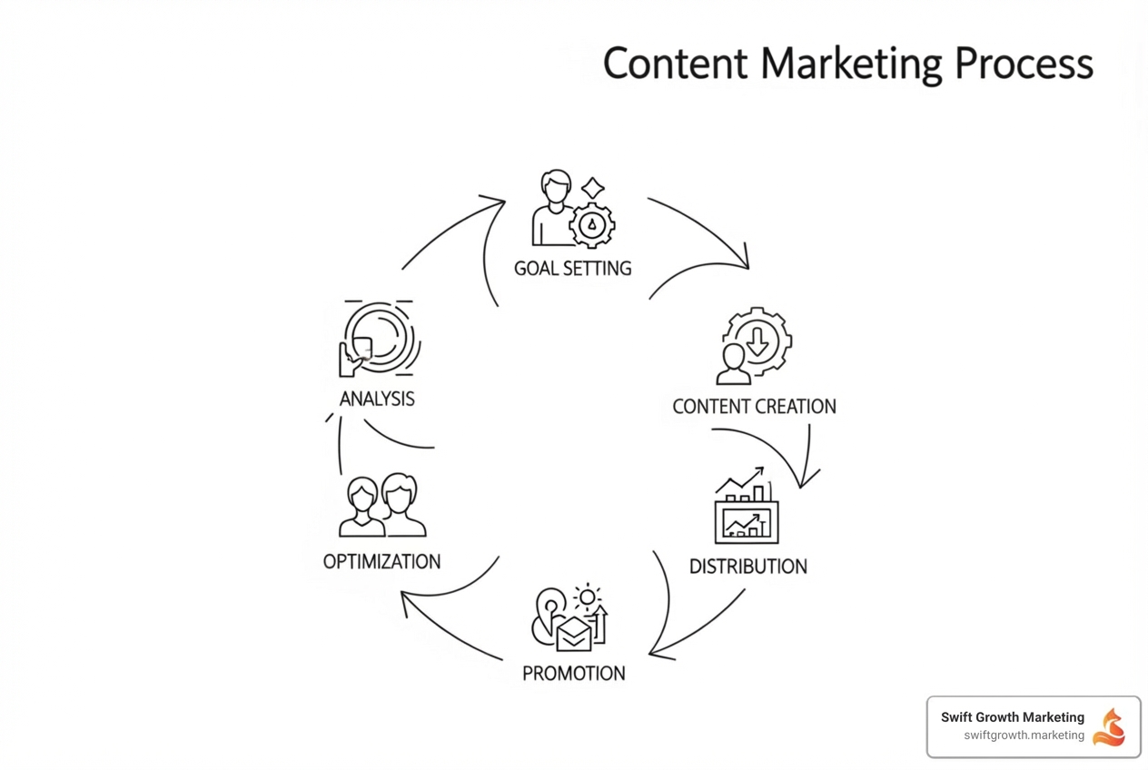 Infographic showing the 7-step content marketing process: 1) Set SMART Goals (target specific metrics), 2) Research Audience (create buyer personas and identify pain points), 3) Generate Creative Ideas (analyze competitors, trends, and use storytelling), 4) Optimize Content (implement SEO keywords and high-quality visuals), 5) Choose Distribution Channels (blog, social media, email, communities), 6) Amplify & Promote (repurpose content, collaborate, use paid ads), 7) Measure & Adapt (track KPIs, conduct audits, iterate strategy). Each step connects with arrows showing the cyclical nature of content marketing. - cara buat content marketing
