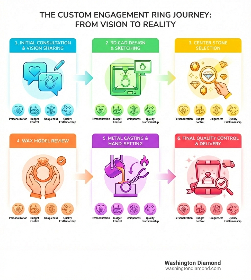 Infographic showing the custom engagement ring process: Step 1 - Initial Consultation and Vision Sharing, Step 2 - 3D CAD Design and Sketching, Step 3 - Center Stone Selection from diamonds and gemstones, Step 4 - Wax Model Review, Step 5 - Metal Casting and Hand-Setting, Step 6 - Final Quality Control and Delivery. Each step includes icons for personalization, budget control, uniqueness, and quality craftsmanship - Custom design engagement ring infographic Infographic showing the custom engagement ring process: Step 1 - Initial Consultation and Vision Sharing, Step 2 - 3D CAD Design and Sketching, Step 3 - Center Stone Selection from diamonds and gemstones, Step 4 - Wax Model Review, Step 5 - Metal Casting and Hand-Setting, Step 6 - Final Quality Control and Delivery. Each step includes icons for personalization, budget control, uniqueness, and quality craftsmanship - Custom design engagement ring infographic