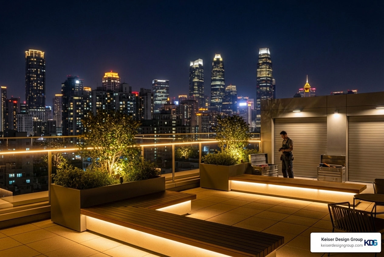 A beautifully lit modern rooftop at night, showcasing ambient lighting from LED strips and uplights on planters. - modern rooftop A beautifully lit modern rooftop at night, showcasing ambient lighting from LED strips and uplights on planters. - modern rooftop