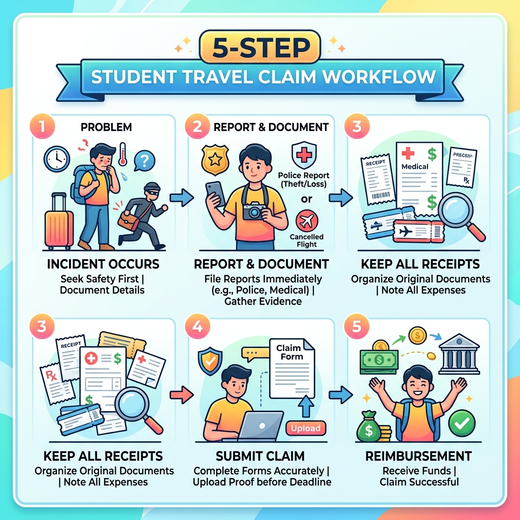 5-step student travel claim workflow from incident to reimbursement - student travel claim success infographic 5-step student travel claim workflow from incident to reimbursement - student travel claim success infographic